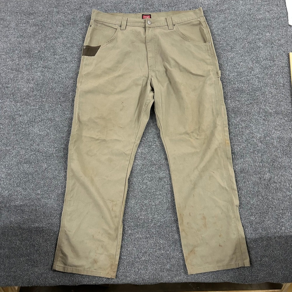 Wrangler Pants Mens 38x32 Tan Canvas Carpenter Workwear Utility Stained